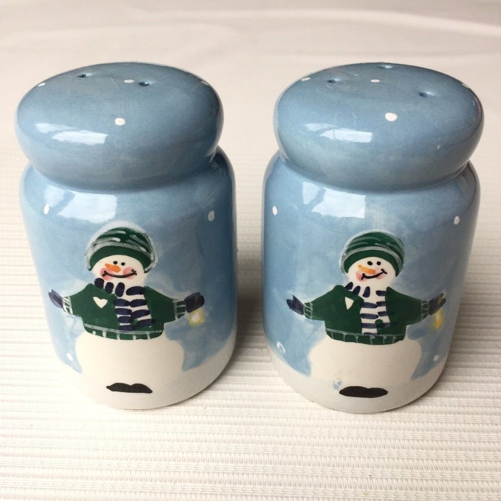 Marijke GHA Snowman Blue Salt & Pepper Shaker Set Winter Snow Vintage Retro Cute